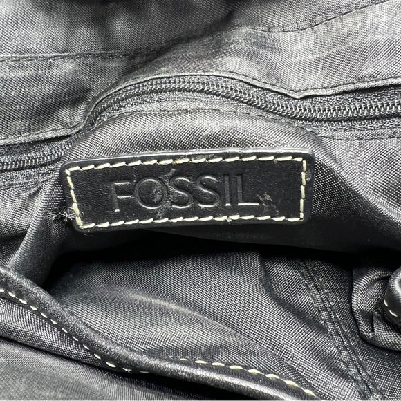 Fossil Black Leather Monogrammed Fabric Canvas Small Tote Satchel Handbag Purse - Picture 9 of 14